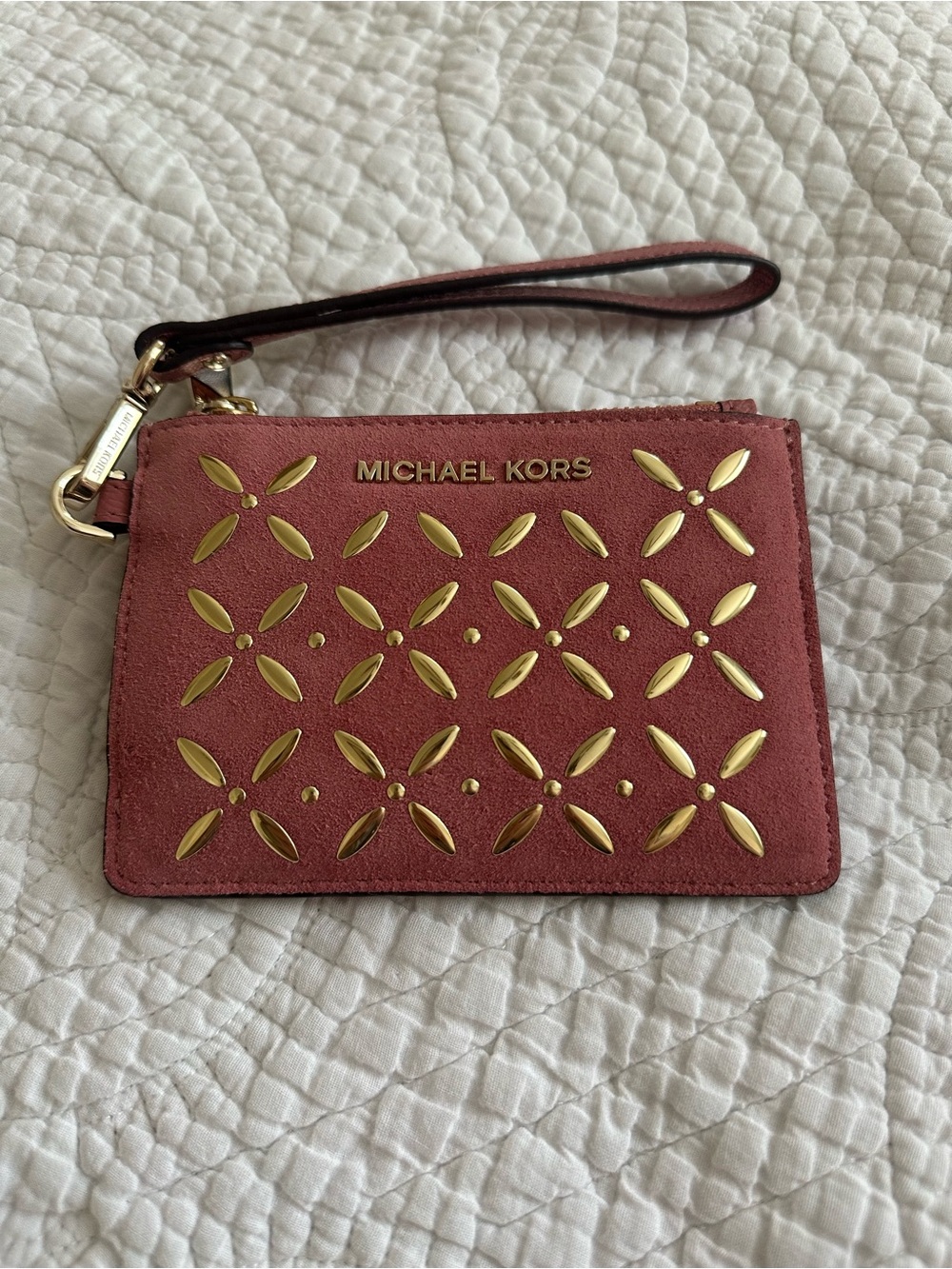 Michael Kors Rose Suede Wristlet Card Holder with Gold Accents